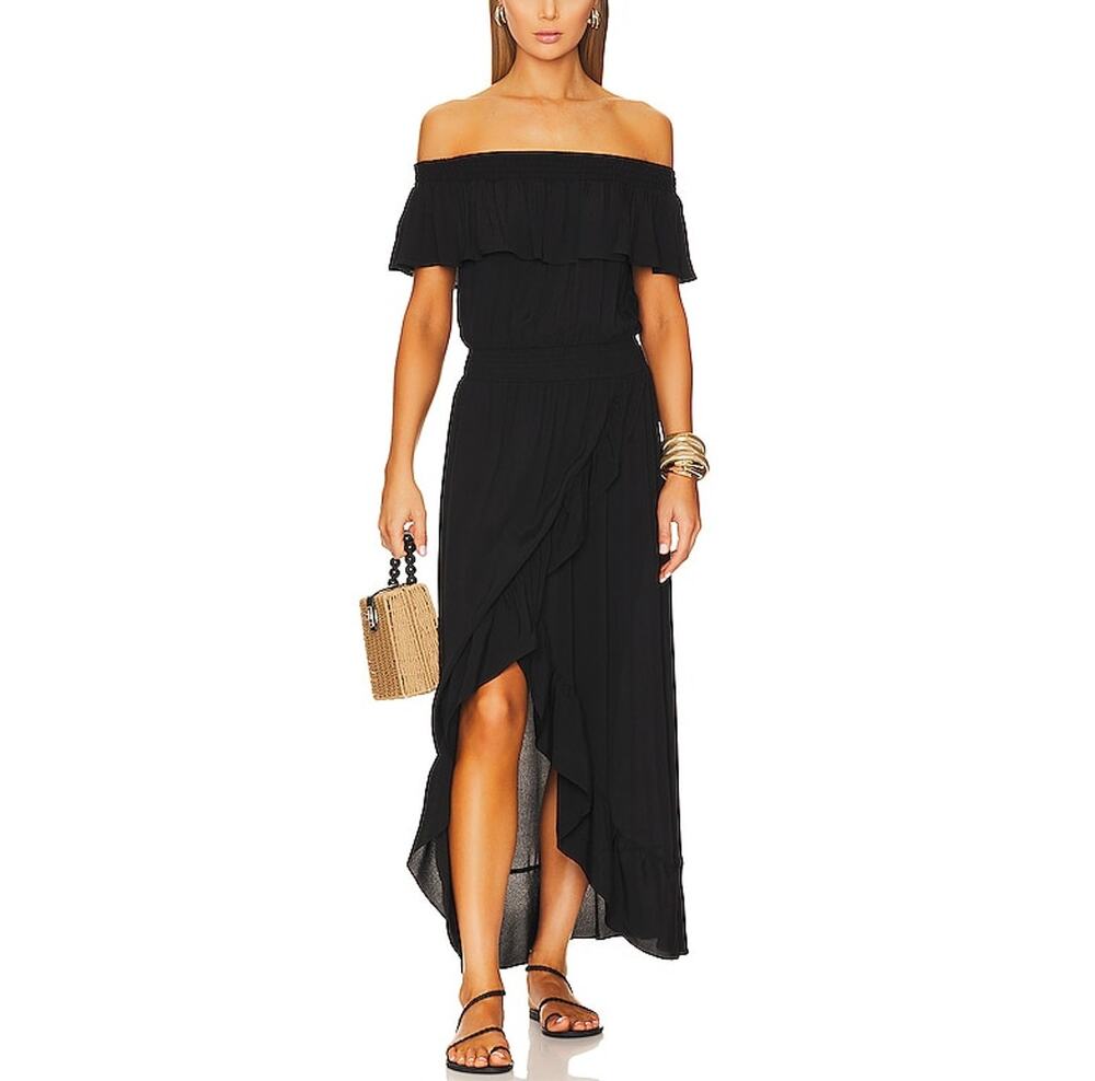 Bobi Smocked Black Ruffle Neck Midi Dress Size M